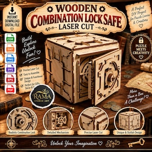 May include: A laser-cut wooden combination lock safe featuring a square box design with an open door, intricate mechanical gears, and interlocking panels. The product includes text labels such as WOODEN COMBINATION LOCK SAFE and RAMA STUDIO ART.