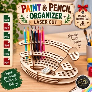 Puede incluir: Un organizador de pintura y lápices de madera clara cortado con láser con múltiples orificios circulares para almacenamiento. El organizador presenta un diseño curvo de varios niveles que sostiene varios lápices de colores y un borrador blanco. El texto incluye PAINT & PENCIL ORGANIZER LASER CUT, INSTANT DOWNLOAD y Organize Create Inspire.