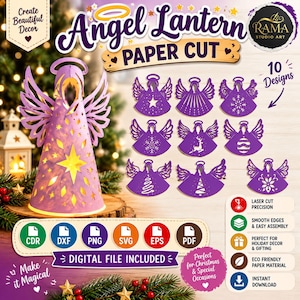 Puede incluir: Un conjunto de archivos digitales para un proyecto de corte de papel Angel Lantern con 10 diseños de ángeles morados con varios recortes como estrellas, copos de nieve y árboles. Incluye formatos CDR, DXF, PNG, SVG, EPS y PDF para corte láser.