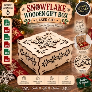 Könnte beinhalten: Eine quadratische Geschenkbox aus Holz mit lasergeschnittenen Schneeflockenmustern auf dem Deckel und den Seiten. Die Box hat eine helle Holzoberfläche mit dunkelbraunen Kanten vom Laserschneiden. Ein großes Schneeflockendesign ist mittig platziert.