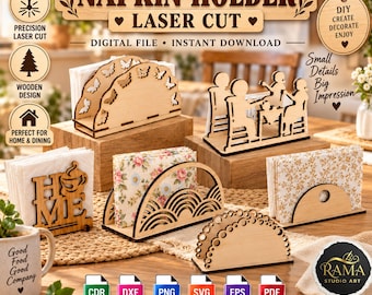 Puede incluir: Una colección de servilleteros de madera clara con varios diseños cortados con láser, incluyendo mariposas, arcos geométricos y figuras humanas. El conjunto incluye formatos de archivo digitales como CDR, DXF, PNG, SVG, EPS y PDF para manualidades.