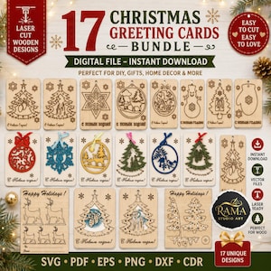 May include: A digital bundle of 17 laser cut wooden Christmas greeting card designs featuring various holiday motifs like trees, snowflakes, reindeer, and snowmen. The collection includes SVG, PDF, EPS, PNG, DXF, and CDR vector files for download.
