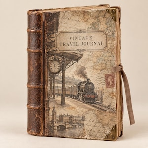 May include: A hardbound journal with a dark brown leather-textured spine and brass-toned metal corner protectors. The cover features a sepia-toned illustration of a steam train at a station, a map background, and the text VINTAGE TRAVEL JOURNAL.