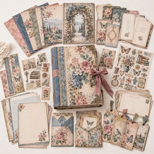 May include: A collection of stationery items including a floral-patterned journal with a pink ribbon, various decorative papers, envelopes, postcards, and tags featuring botanical, butterfly, and architectural illustrations in muted vintage tones.