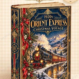 Puede incluir: Una portada de libro titulada 1920s Orient Express Christmas Voyage que muestra un tren de vapor cruzando un puente de piedra en un paisaje montañoso nevado. Decorada con cintas rojas, ramas de pino y bayas en un marco azul con bordes dorados.