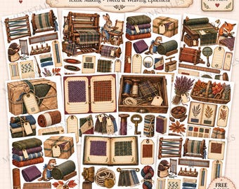 Könnte beinhalten: Eine Sammlung von 18 druckbaren Bögen mit dem Titel Vintage Autumn Wool Mill, die Illustrationen von Webstühlen, Tweed-Stoffmustern, Garnspulen, Holzwerkzeugen, Geschenkpaketen und Waldtieren wie Kaninchen und Ottern enthält.