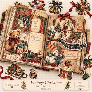 May include: A collection of vintage-style Christmas paper cutouts featuring a teddy bear, rocking horse, steam train, drums, bells, and ducks. The images include text such as Small Toys Big Magic, Christmas Dreams, and Toys Make Happier Days.