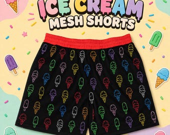 Ice Cream Mesh Shorts, Neon Ice Cream Print Shorts, Funny Summer Trunks, Black Athletic Menswear, Streetwear Outfit, Graphic Pattern Shorts