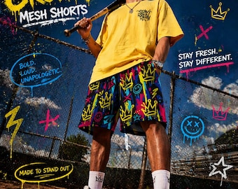 Graffiti Crown Mesh Shorts, Neon Streetwear Athletic, Colorful Spray Paint Pattern, Breathable Summer Shorts, Unisex Street Style Outfit
