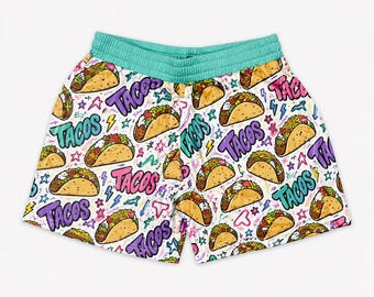 Taco Pattern Shorts, Funny Tacos Print, Colorful Food Graphic Trunks, Summer Beach, Mens Casual Streetwear, Festival Outfit Gift For Him