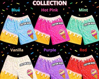 Custom Name Ice Cream Baseball Shorts, Personalized Summer Shorts, Cute Sprinkle Beach Mesh Shorts, Drip Waffle Design, Funny Vacation Gift