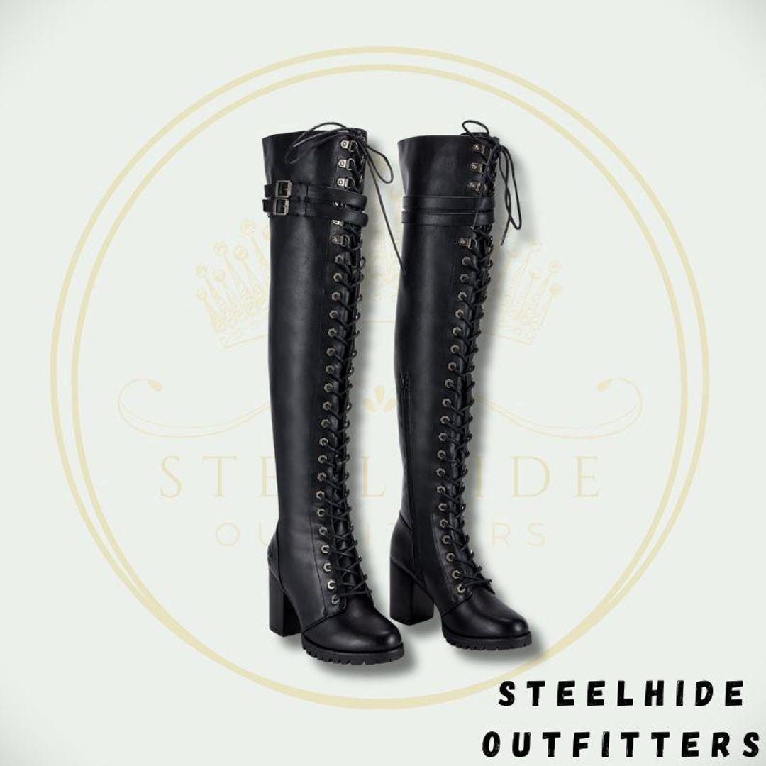 Black PU Leather Knee High Boots, Women's Lace-up Chunky Platform ...