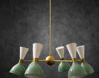 6-Arm 12-Light Mid Century Stilnovo Brass Chandelier