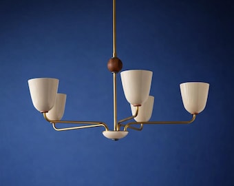 Mid Century Modern Brass Chandelier | 5 Light Opal Shade Pendant Lighting