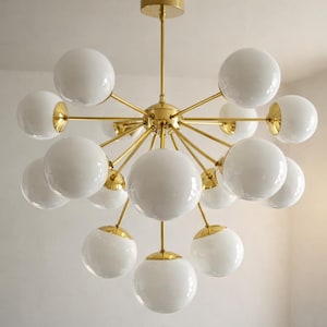 17-Arm Brass Globe Chandelier, Mid Century Statement Ceiling Light, Opal Glass Home Decor