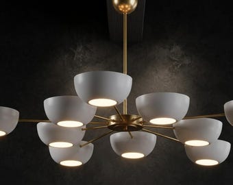 Lámpara de techo Sputnik de latón estilo moderno de mediados de siglo / 10 pantallas de vidrio esmerilado