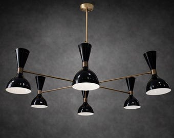 Mid Century Modern Sputnik Chandelier, Black Brass 6-Light Fixture