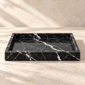 Handcrafted Black Marble Vanity Tray, White Vein Stone Organizer, Luxury Bathroom Decor