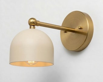 Mid Century Modern Brass Wall Sconce – Cream Dome Shade, Minimalist Bedside Lamp