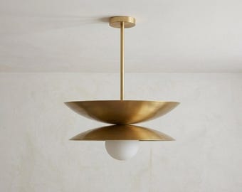 Mid Century Modern Brass Pendant Light – Double Disk Chandelier, Frosted Globe Lamp
