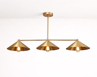 Lampadario in ottone stile Mid-Century Modern, lampada a sospensione lineare a 3 luci, apparecchio per isola cucina.