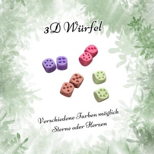 Könnte beinhalten: Eine Sammlung bunter Würfel in verschiedenen Rosa-, Lila-, Braun- und Grüntönen. Jeder Würfel hat Stern- oder Herzmuster. Das Bild enthält den Text "3D Würfel" und "Verschiedene Farben möglich Sterne oder Herzen."