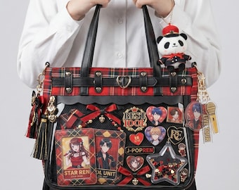 Bolso de mano Akakuro Y2K Dopamine Gingham grande rosa ita bag / Lindo itabag Kawaii, bolso de escaparate personalizado de anime Oshikatsu