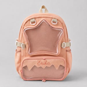 Mochila Akeboshi Ita personalizada - Bordado de nombre personalizado, doble ventana transparente con 2 compartimentos, bolsa para portátil de 14 pulgadas / Original de OshiHub