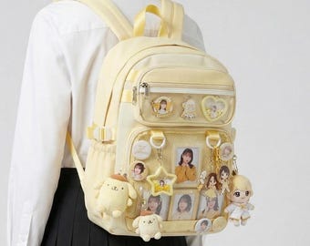Kasanari Y2K Dopamin Layered Multi Pocket Large Yellow Ita Bag | Söt Kawaii ita-väska, itabag-ryggsäck, Custom Oshikatsu Window Bag ITABAG15