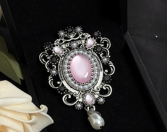 Vintage Gothic Pink Opal Brooch, Antique Silver Pearl Dangle Pin, Romantic Statement Jewelry