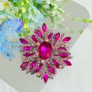 May include: A vibrant, eye-catching brooch featuring a large, oval, fuchsia-colored center stone surrounded by smaller pink and clear crystals. The brooch has a silver-toned metal setting and a floral design, perfect for adding a touch of glamour.