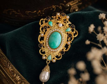 Vintage Baroque Turquoise Rhinestone Brooch, Antique Gold Tone Flower Statement Pin
