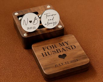 Personalized Engraved Cufflinks, Walnut Box, Groomsmen Wedding Gift