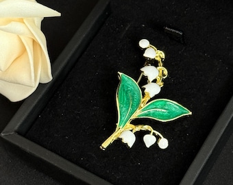 Lily of the Valley Enamel Brooch, Gold Tone Floral Pin, Delicate Nature Inspired Jewelry