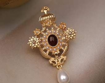 Gold Filigree Tassel Pearl Brooch, Red Gem Star Rhinestone Lapel Pin, Victorian Wedding Jewelry