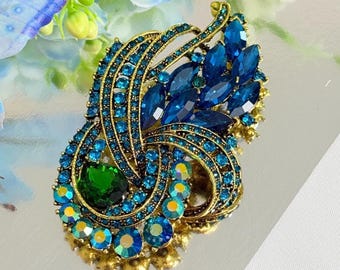 Vintage pauwenveerbroche, statementspeld blauwgroen kristal, antieke goudkleurige sieraden
