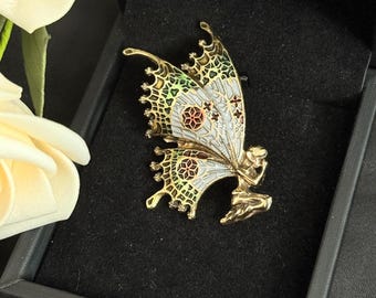 Art Nouveau Fairy Brooch, Gold Tone Enamel Butterfly Wings, Whimsical Jewelry