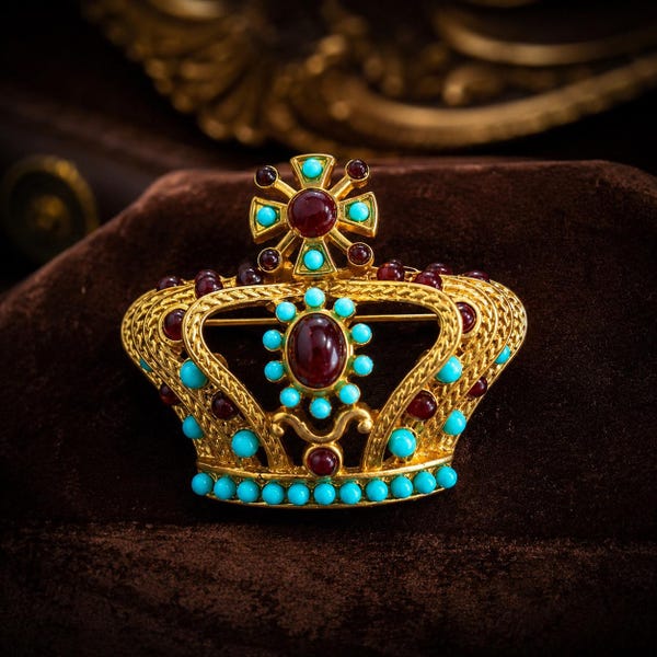 Vintage Gold Crown Brooch with Turquoise & Ruby Accents, Regal Statement Pin