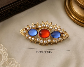 Medieval Vintage Gem Pearl Brooch, Gold Tone Statement Pin