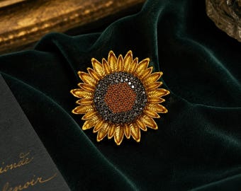 Round Sunflower Rhinestone Brooch, Gold Metal Floral Lapel Pin, Van Gogh Art Gift