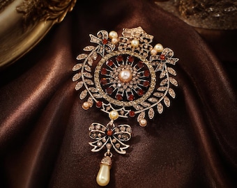 Vintage Floral Wreath Pearl Drop Brooch, Retro Rhinestone Brooch, Gift for Her