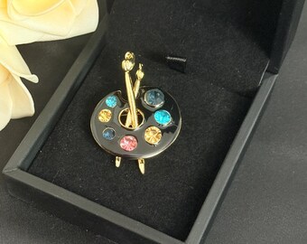 Artist Palette Brooch, Gold Tone Enamel Rhinestone Painter Jewelry