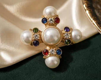 Vintage Maltese Cross Brooch, Gold Tone with Large Pearls & Multi-Color Crystals, Regal Statement Pin