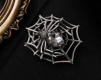 Gothic Spider Web Brooch, Black Crystal Spider Lapel Pin, Dark Aesthetic Brooch, Halloween Jewelry, Gift For Her
