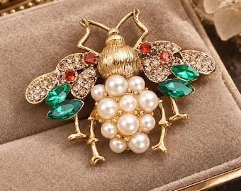 Vintage Bee Pearl Brooch, Gold Tone Insect Pin, Gift for Her