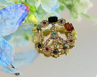 Vintage veelkleurige kristallen vredesteken broche, goudkleurige retro bloemenspeld