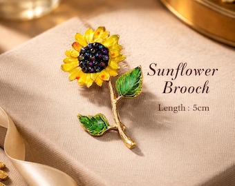 Van Gogh Sunflower Enamel Brooch, Iridescent Crystal Gold Stem Lapel Pin, Artist Gift
