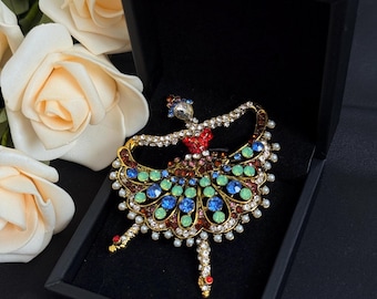 Vintage Ballerina Brooch, Antique Gold Filigree Crystal Dancer Pin