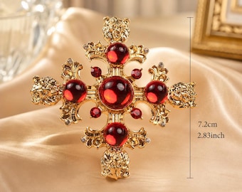 Vintage Lion Cross Brooch, Red Cabochon Rhinestone Pin, Baroque Antique Gold Brooch, Coat Lapel Jewelry Gift