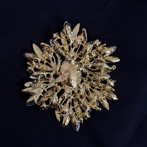 May include: A gold-toned brooch with a floral design. The back of the brooch features a pin for attachment. The brooch has a detailed, textured surface with a mix of shiny and matte finishes. The brooch is set against a dark background.